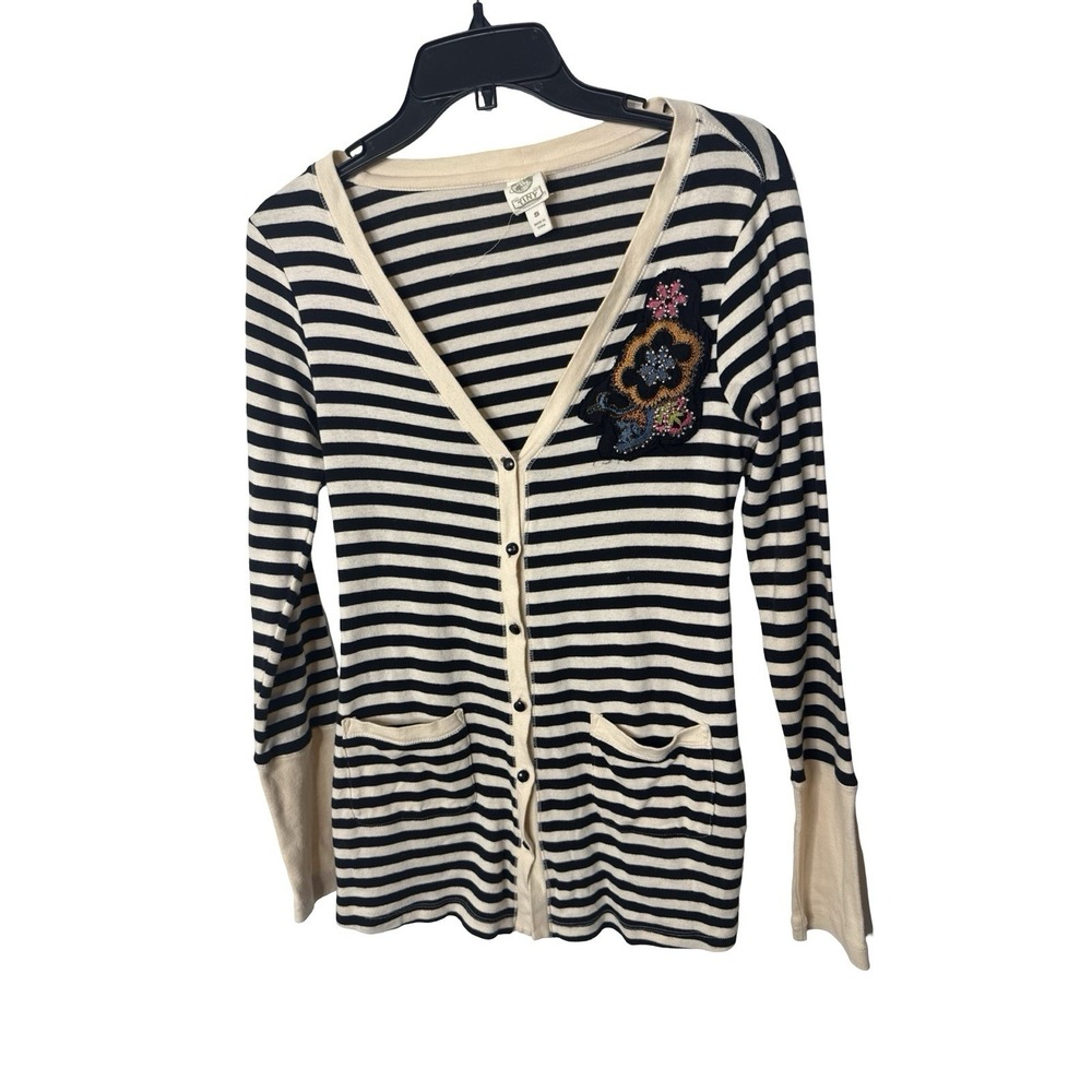 Tiny Anthropologie Black White Striped Applique Floral Patch Cardigan Sz S